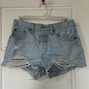 Levi 501 Light Blue Distressed Denim Shorts
